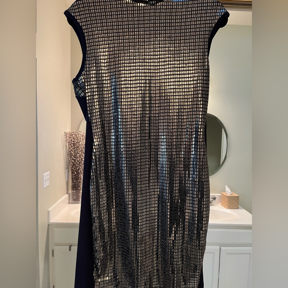 Gold sequined adorned cap sleeved black mini dress